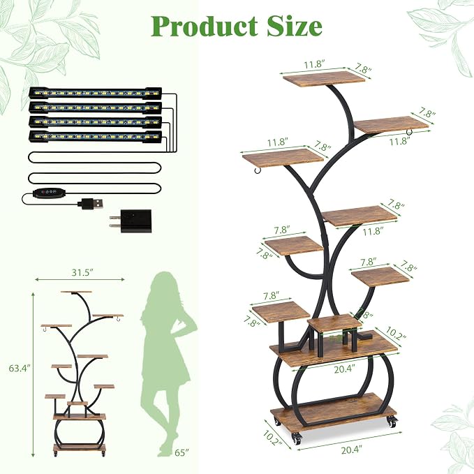 Plant Stand with Grow Lights, 61" Tall Plant Shelf Indoor with Multi-Color Full Spectrum LED Lights and 360° Lockable Wheels, 10-Tier 61" Tree-shaped Decorative Rack, for Living Room, Balcony & Office, Black and Brown