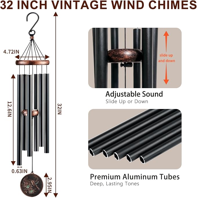 Wind Chimes for Outside, Vintage Hummingbird Deep Tone Wind Chime, Large Outdoor Hanging Decor for Patio Porch Balcony Garden, Gifts for Women Mom Grandma (32” Hummingbird)
