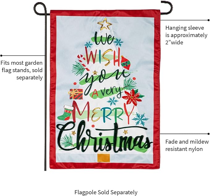 Evergreen Flag We Wish You a Merry Christmas Applique Garden Flag | 12x18 Inches Double Sided Christmas Garden Flag for Outside | Weather and Fade Resistant | Outdoor Flag Décor for Home, Yards and