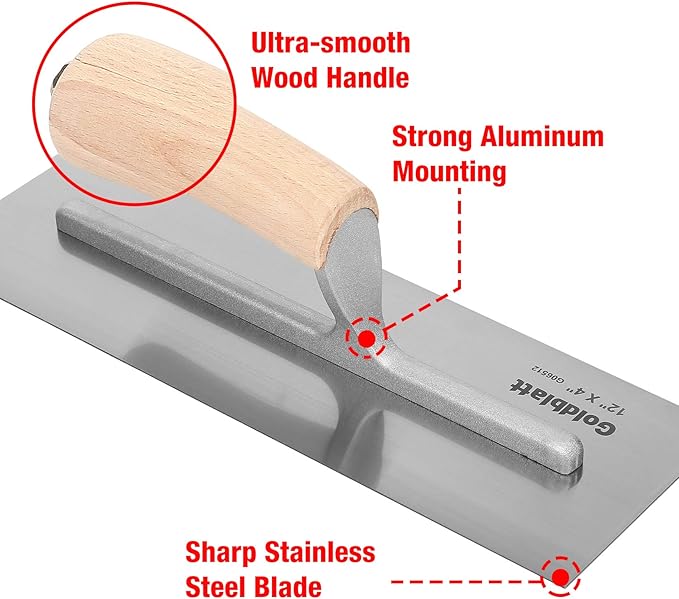 Goldblatt 3 Pieces Drywall Trowel, Carbon Steel Finishing Masonry Trowel Set Includes 14'' x 4'', 12'' x 4'', 8'' x 3'', Lightweight Wood Handle, Plastering Trowel for Drywall Wallboard Plasterboard