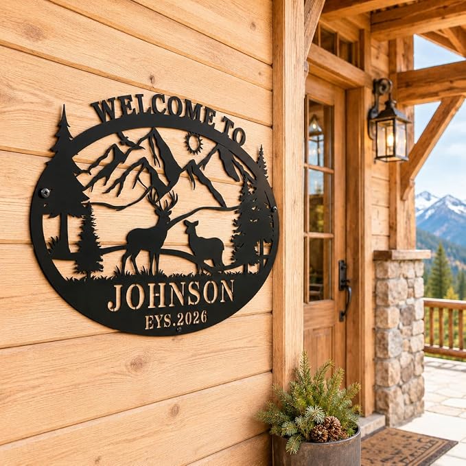 Personalized Deer Metal Cabin Sign Custom Family Name Sign Rustic Metal Wall Art for Outdoor Indoor Cabin Decor Hunting Lodge Patio Living Room Hunter Gift