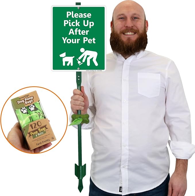 SmartSign Please Pick Up After Your Pet Yard Sign (Green/White), Clip-On Preloaded Dispenser Combo/Kit with 135 Dog Poop Waste Bags, 10"x12" Rust-proof Aluminum Sign with 3ft Steel Stake