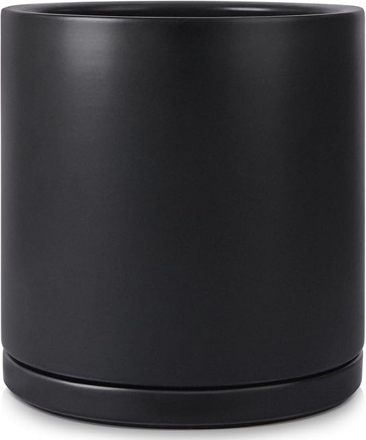 Kazeila 12 Inch Ceramic Planter Pot with Drainage Hole & Tray, Large Indoor Plant Pots, Modern Cylinder Flower Pot, Includes Mesh Net, Plug, Pads & 500g Clay Pebbles (Black, 12 Inch)