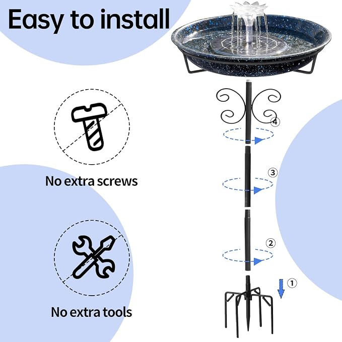 Yiabivo Solar Powered Bird Bath with Fountains for Hummingbirds,Stable Stylish Design with 5-Prong Base Stake Metal Bird Bath for Outside Yard Lawn Patio Garden(Blue)
