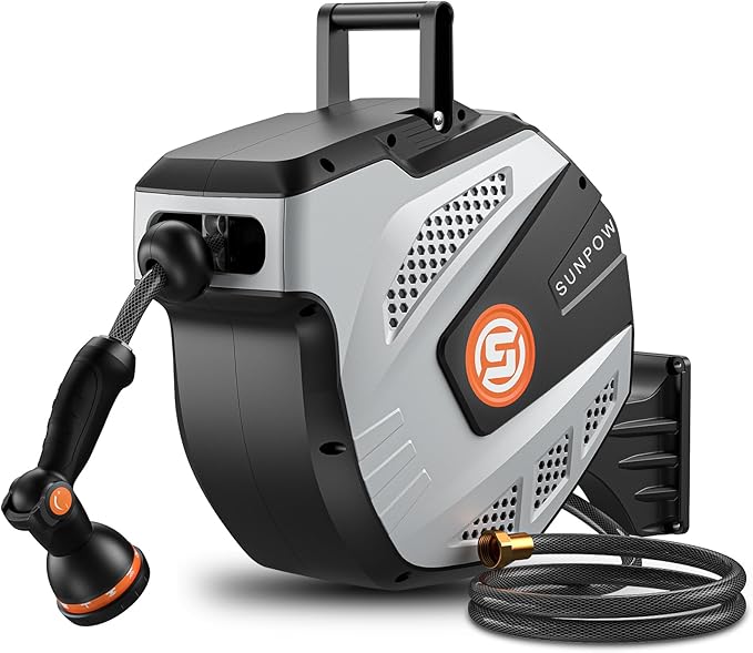 SUNPOW Retractable Garden Hose Reel - 1/2 inch x 50ft Heavy Duty Wall Mounted Hose Reel with 3/4 inch Brass Fitting & 10 Sprayer Nozzle - Any Length Lock, Auto Rewind System, 180°Swivel Bracket- Grey
