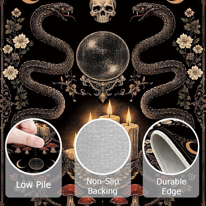 5x7 Gothic Area Rug for Living Room Bedroom Goth Skull Snake Witch Dark Black Large Rug Machine Washable Non-Slip Carpet for Dining Room Office