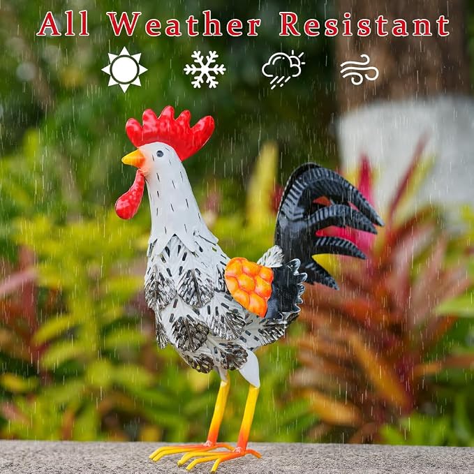 Metal Rooster Garden Statue, 12'' Funny Chicken Outdoor Statue Yard Art Decor, Waterproof Lawn Ornaments for Garden, Lawn, Farmhouse (White)