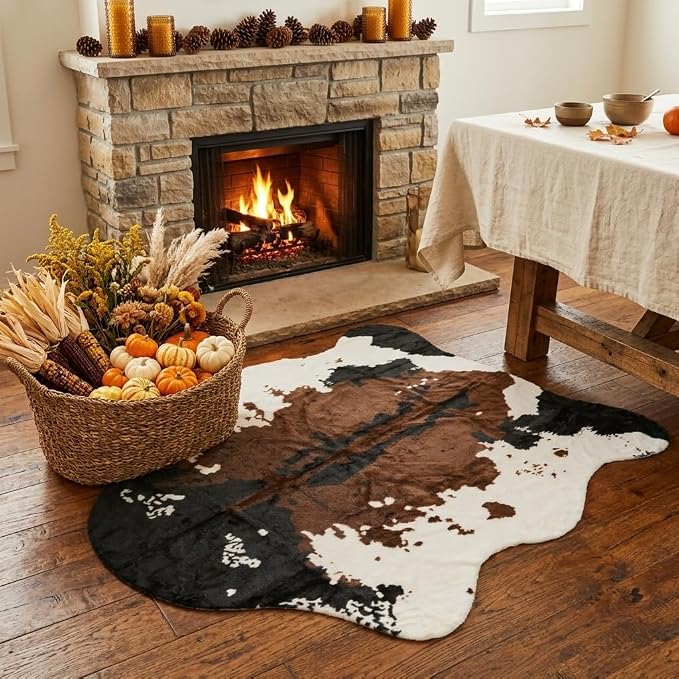 MustMat Brown Faux Cowhide Rug, American Rustic Decor 4'7"x 5'3" | Perfect For Corners & Sofa Front. Complements Western & Vintage Styles, Great for Halloween and Christmas Decor