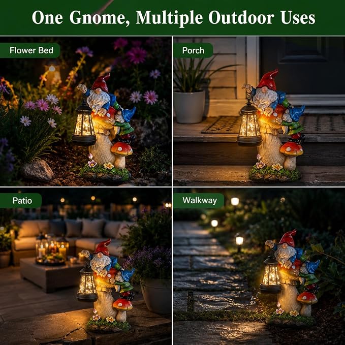 C&Y&G&X Solar Garden Gnome Statue with Lantern, Waterproof Mushroom Garden Decor, Resin Gnome Yard Art with Solar LED Lights for Outdoor Lawn Patio Porch, Gifts for Mom Grandma Garden Lovers