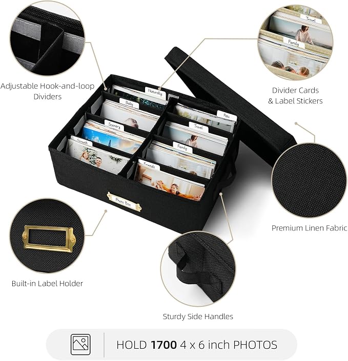 Linen Photo Storage Box with Adjustable Hook and Loop Dividers, Holds 1700 4"x6" Photos, Collapsible Picture Organizer with Handle and Label Stickers, Memory Keepsake Box for Women, Black
