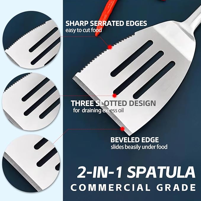 Heavy Duty Grilling Accessories Grill Tool Set 3-Piece SUS304 BBQ Utensils | Stainless Steel BBQ Utensils, Heat-Resistant Silicone Handle, Spatula, Tongs, Fork, For Outdoor Cooking
