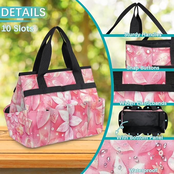 Rose Red flower Gardening Tool Bag,Heavy Duty Garden Tote Bag,Portable Oxford Gardening Storage Basket Organizer Handbag with Pockets Handle,Hand Tools Gifts for Outdoor Garden Lawn
