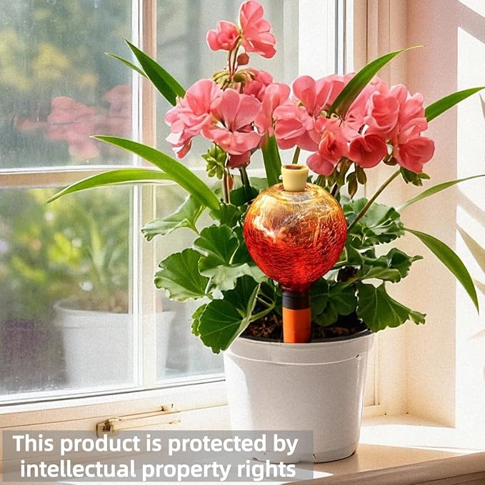 VOREEN Crackle Glass Plant Watering Globe with Terracotta Spike,Self-Watering Irrigation for Potted Plants, with Solar Accent Light for Indoor & Outdoor Décor, 17oz, Gold–Red Gradient