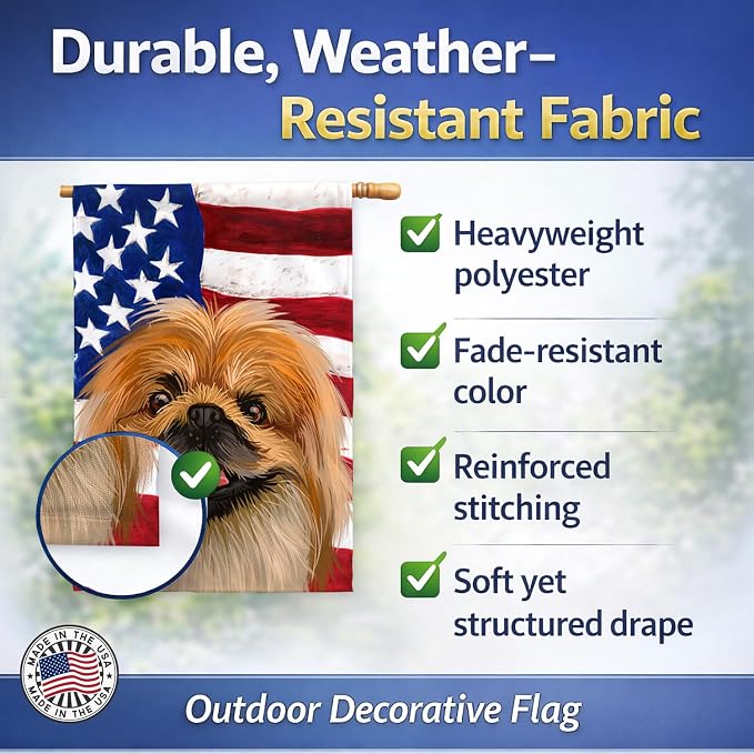 Caroline's Treasures CK6639CHF Pekingese Dog American Flag House Flag Large Porch Sleeve Pole Decorative Outside Yard Banner Artwork Wall Hanging, Polyester, House Size, Multicolor