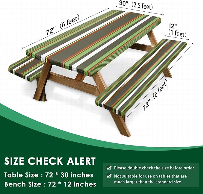 Picnic Table Cover with Bench Covers Elastic Edges, Green Tripes Camper Fitted Table Cover, Outdoor Patio Camping Essentials 72 Inch 3PCS, Waterproof Camping Fitted Tablecloth with Drawstring Bag