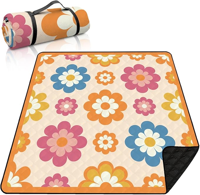 MAYJOYDIY Extra Large Picnic Blanket 79×79" Waterproof Beach Blanket with Carry Strap Foldable Travel Essential Accessories Gift for Grass Concert Park Lawn Camping Travel(Orange Flowers)