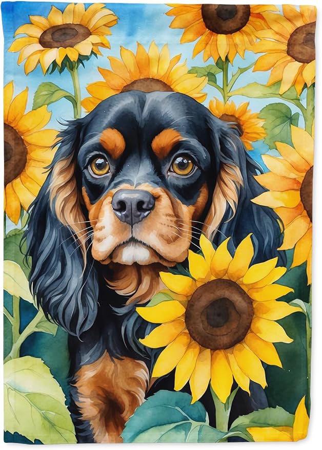 Caroline's Treasures DAC6048CHF Cavalier Spaniel in Sunflowers House Flag Large Porch Sleeve Pole Decorative Outside Yard Banner Artwork Wall Hanging, Polyester, House Size, Multicolor