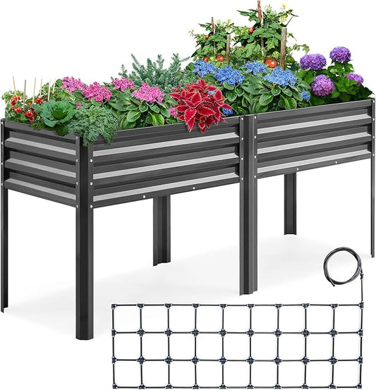 KING BIRD Raised Garden Bed with Irrigation System and Legs Galvanized Elevated Planter Box for Backyard, Patio, Balcony, 600lb Capacity, Dark Grey, 70.9x22.8x31.5 in