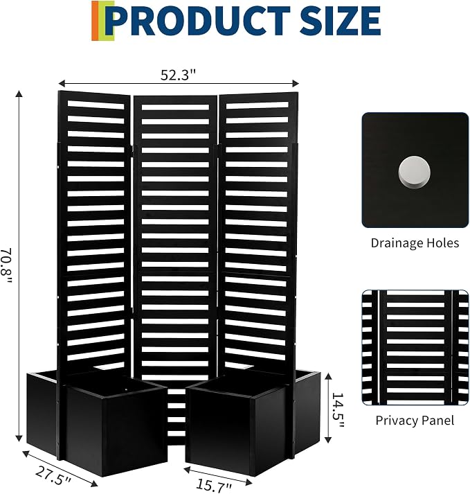 Garvee Privacy Screen with Planter Box - 3-Panel Freestanding Outdoor Room Divider, 51x70x31 Inch Metal Garden Fence with 4 Self-Draining Raised Garden Beds for Patio Deck Yard, Black