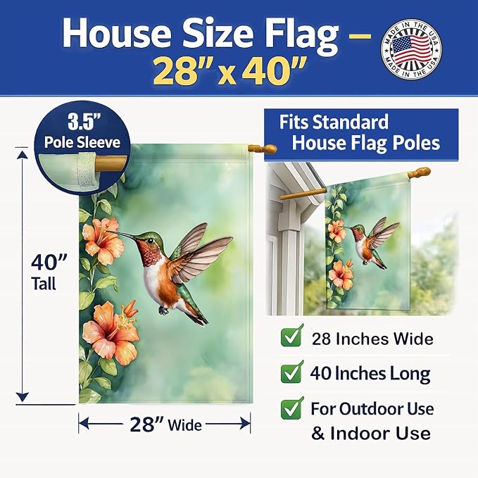 Caroline's Treasures Rufous Hummingbird House Flag Large Porch Sleeve Pole Decorative Outside Yard Banner Artwork Wall Hanging, Polyester, House Size, Multicolor