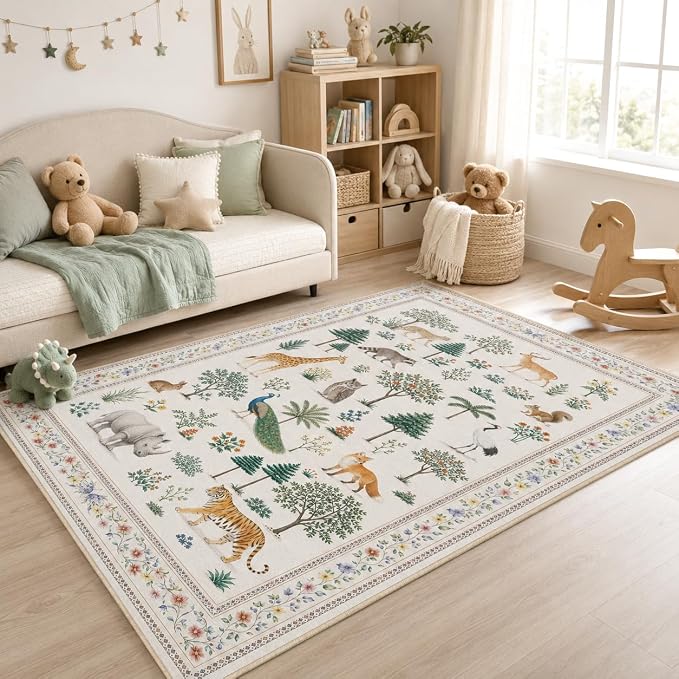 Jungle Animal Rug 3x5 Wild Zoo Animals Forest Area Rug for Entryway Living Room Machine Washable Non-Slip Printed Low-Pile Indoor Floor Carpet for Kids Room Nursery Bedroom Playroom,Beige