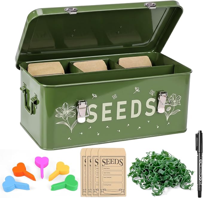 Seed Storage Organizer Box with 4 Compartments, Metal Seed Saving Container with Lockable Lid and Safety Locks, Includes 50 Envelopes, 100 Plant Labels, 50 Clips and Marker (Olive Green)