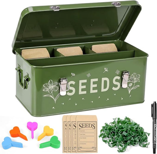 Seed Storage Organizer Box with 4 Compartments, Metal Seed Saving Container with Lockable Lid and Safety Locks, Includes 50 Envelopes, 100 Plant Labels, 50 Clips and Marker (Olive Green)