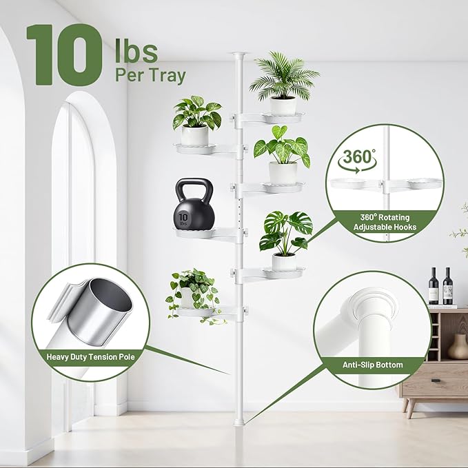 Tension Rod Plant Stand, Plant Poles for Hanging Plants Indoor, 6 Tier Tension Pole Plant Hanger, Floor to Ceiling Plant Pole with 6 Trays Hanging Plant Stand (White)