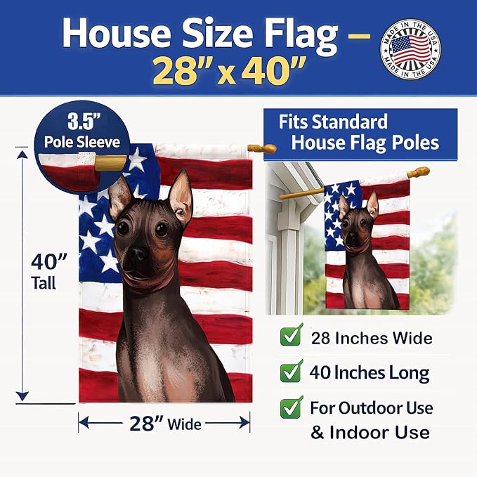 Caroline's Treasures CK6400CHF American Hairless Terrier American Flag House Flag Large Porch Sleeve Pole Decorative Outside Yard Banner Artwork Wall Hanging, Polyester, House Size, Multicolor