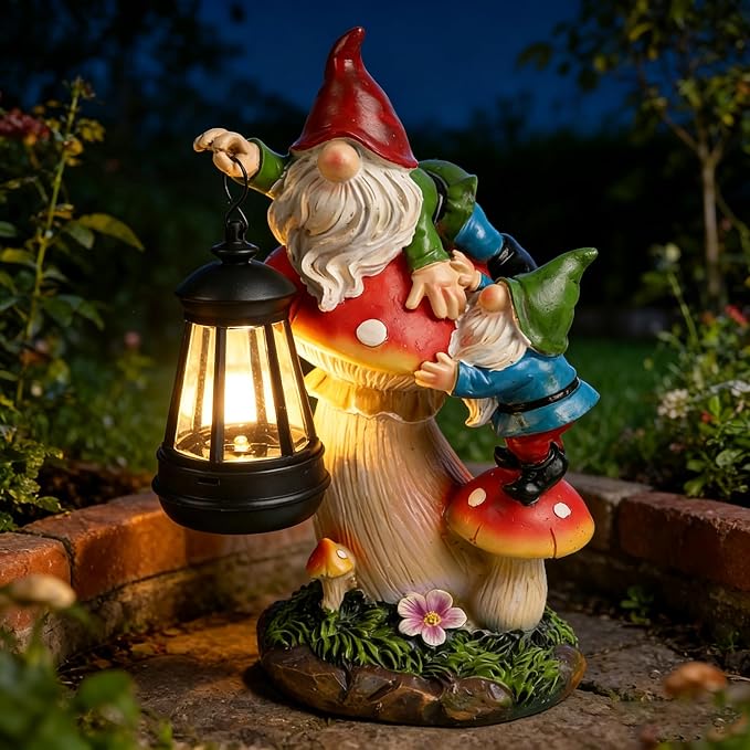 Solar Gnome Garden Statue with Mushroom Lights for Outdoor, Waterproof Garden Gnomes Decor for Yard Lawn Balcony, Cute Gnome Figurine Lights for Patio Decor, Ideal Gift for Garden Lovers & Homeowners