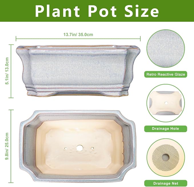 Bonsai Pots Ceramic - 13.7 Inch Succulent Planters with Drainage Hole, Bonsai Planters for Indoor Succulent Plants, Decorative Plant Pots, Front Porch Decor, Gardening Gifts, Rectangular Grey