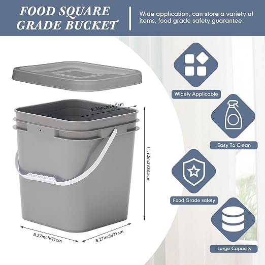 Mumufy 8 Pcs 3.5 Gallon Square Food Grade Bucket with Lid Square Bucket Pail Plastic Handles for Long Term Food Storage, Camping, Fishing, Home Organization Easy Stack and Store (Gray)