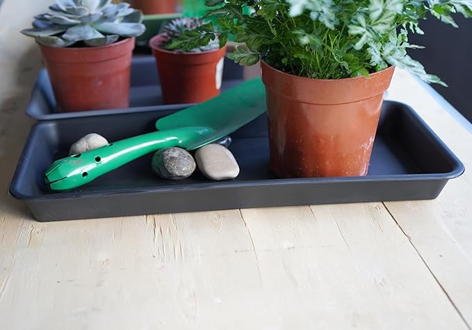 VUWEZ 6 Pack Plastic Plant Trays - Rectangular 14 inch, Indoor/Outdoor Plant Saucers with Drip Protection, Perfect for Windowsill or Planters (6.8 x 14.5'', Black)