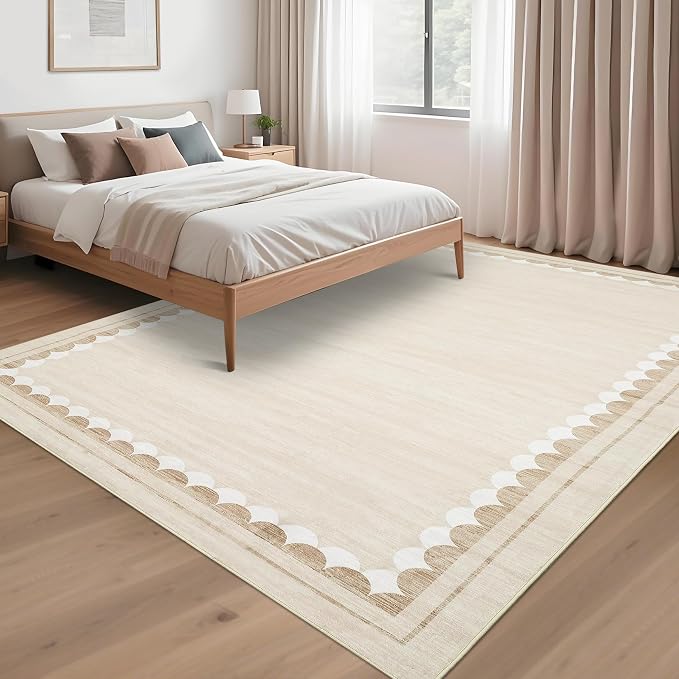COZYLOOM 9x12 Dining Room Rugs for Under Table, Machine Washable Area Rugs for Bedroom, Non Slip Non Shedding Modern Border Rug, Stain Resistant Low Pile Carpet for Living Room, Nursery, Office, Beige