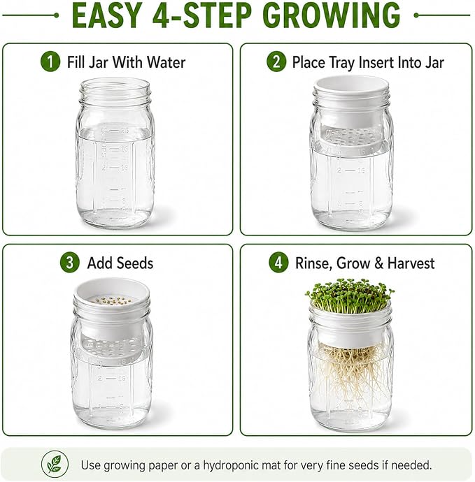Microgreens Growing Trays for Standard Mouth Mason Jars, 4-Pack | Microgreens Growing Kit (2 Deep, 2 Shallow) | 2.44-Inch indoor Hydroponic Sprouting trays for Pea, Mung Bean, Sunflower &More