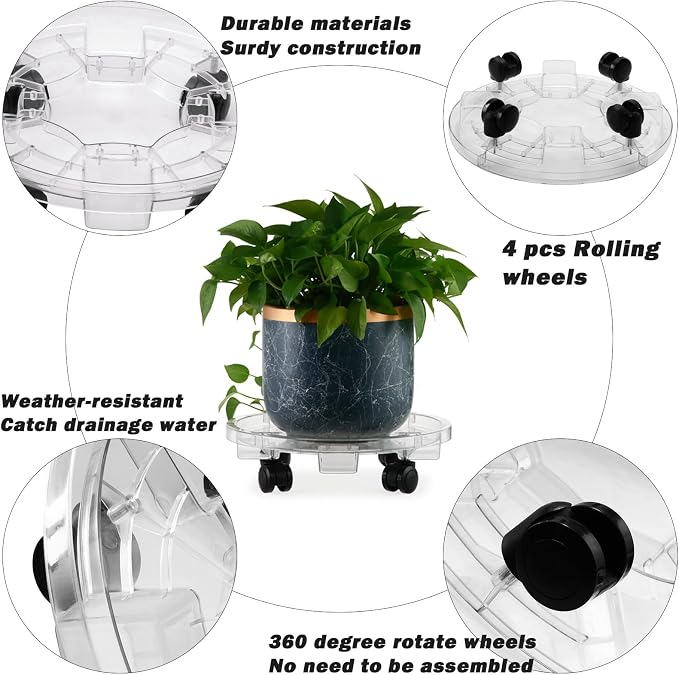 6 Packs 16 inches Extra-large Clear Plant Caddy Plant Saucers on Wheels Rolling Plant Stands Heavy-duty Plant Dolly Plastic Planter Roller Base Pot Movers Outdoor Plant Tray Coaster