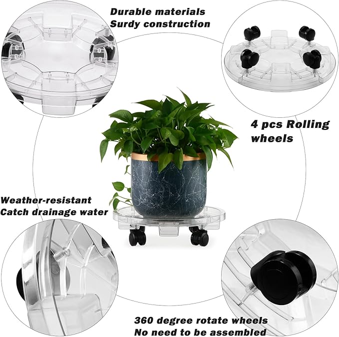 4 Packs 13 Inches Large Clear Plant Caddy Plant Saucers on Wheels Rolling Plant Stands Heavy-duty Plant Dolly Plastic Planter Roller Base Pot Movers Outdoor Plant Tray Coaster