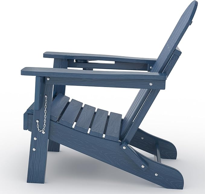 GarveeLife Folding Adirondack Chair Set of 2, All-Weather HDPE Outdoor Chair, Wooden Textured with Cup Holder for patios, Decks, Gardens, fire pits, Navy Blue