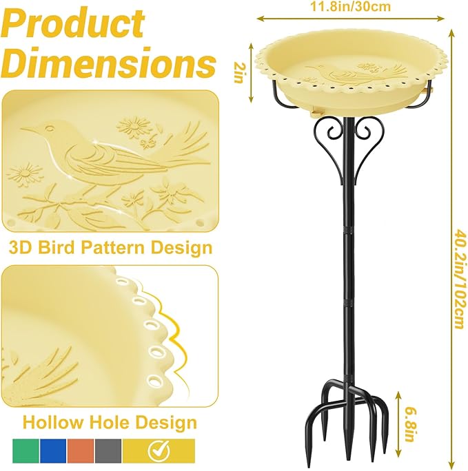 40In Bird Bath for Outside,Freestanding Birdbath & Birdfeeder with Metal Stake,Vintage Birdbaths Water Bowl with 5 Prongs Base for Outdoor Garden Yard Decor (Beige)