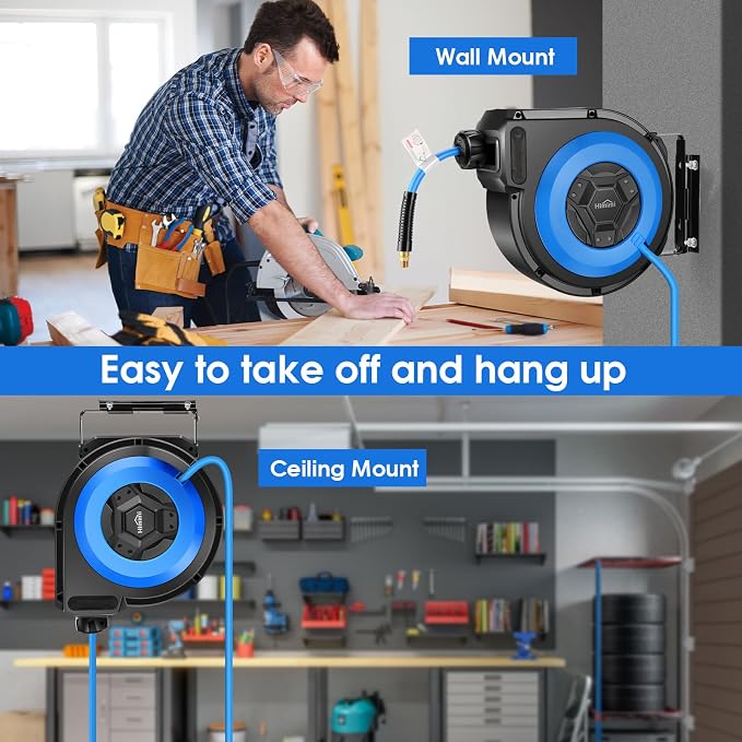 Himimi 50FT + 6.6FT Retractable Air Hose Reel, Ceiling/Wall Mount Penumatic Hose Reel for Garage Workshop, Auto Rewind, 3/8" x 50' Hybrid Air Hose Reel with Brass Fittings + Bend Restrictors, 300PSI