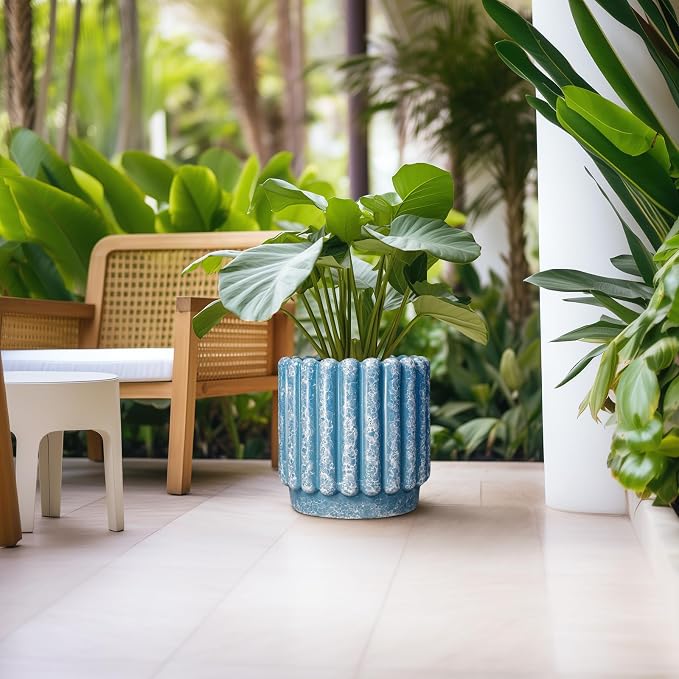 Ceramicfor Ceramic Planter, 12 Inch, Blue | Drainage Hole, Round Large Flower Pot, Fluted Decorative Design, Indoor Outdoor Use