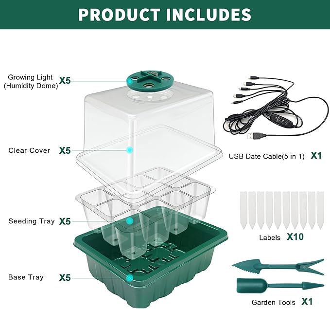 Idealife Seed Starter Tray, Seed Propagation Station with Grow Light,5 Pack | Seedling Starting Kit with Time Controller,Mini Greenhouse with Humidity Domes and Base,Plant Tray for Seeds Growing Starting