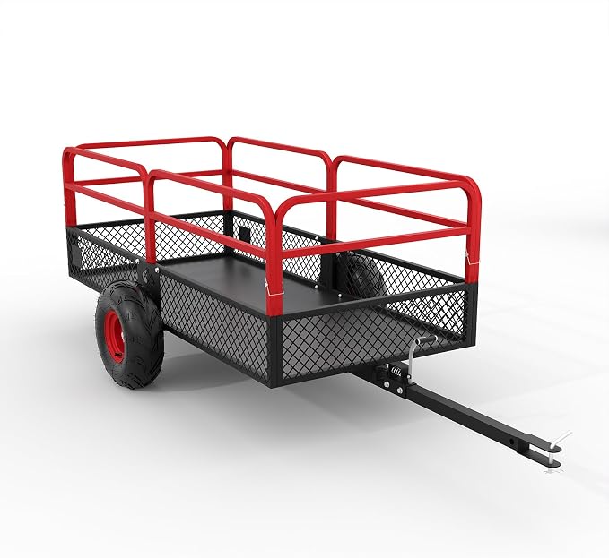 PeakPursuit Tow Behind Steel Dump Cart, Heavy Duty Yard Garden Trailer with Removable Sides & All Terrain Tires, Fits Lawn Mower, Tractor, Garden Cart, 1600 lbs 22 Cubic Feet, Red