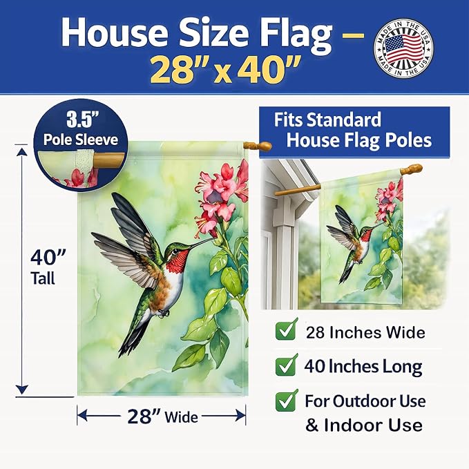 Caroline's Treasures Rubythroated Hummingbird House Flag Large Porch Sleeve Pole Decorative Outside Yard Banner Artwork Wall Hanging, Polyester, House Size, Multicolor