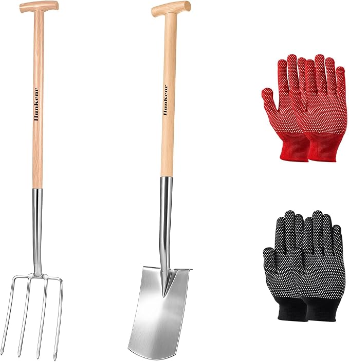 Garden Pitchfork Spade Set, 4-Tine Stainless Steel Pitchfork, 47" Heavy Duty Long Handled Spade with T-Handle/Ergonomic Beech Handle for Digging, Planting, Cultivating, Aerating