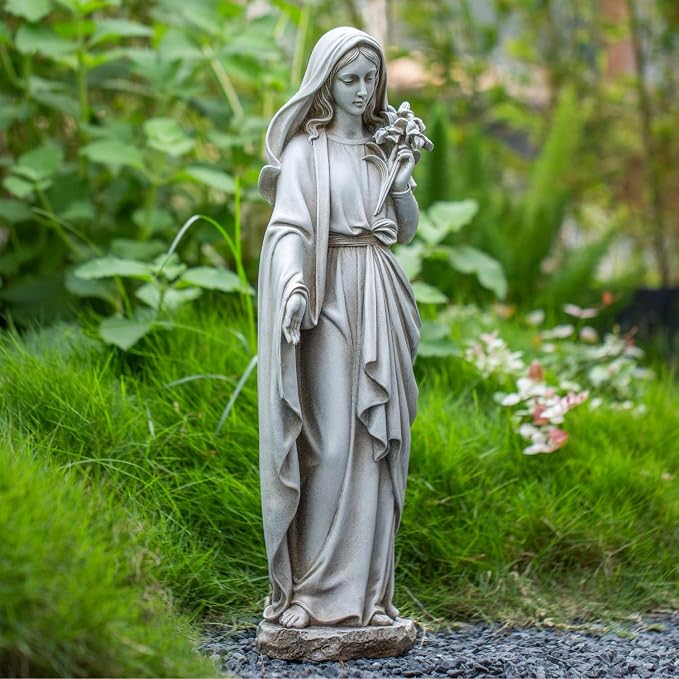 Grace4Joy Virgin Mary Statue Outdoor, 24 Inches Blessed Mother Mary Garden Statue, Rustic Saint Mary Holding Lilies Outdoor Sculpture for Home Yard Patio Lawn Hallway Decor
