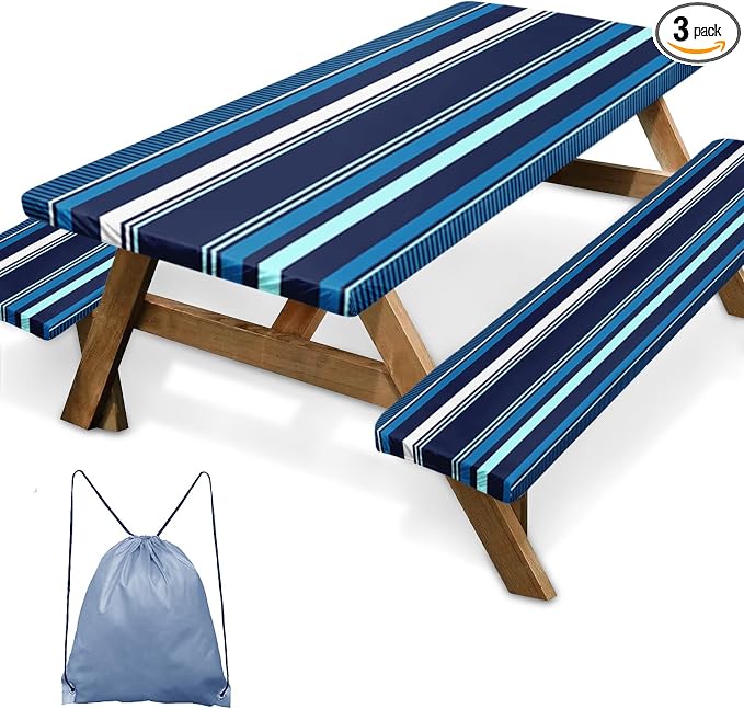 Picnic Table Cover with Bench Covers Elastic Edges, Blue Stripes Camper Fitted Table Cover, Outdoor Patio Camping Essentials 72 Inch 3PCS, Waterproof Camping Fitted Tablecloth with Drawstring Bag