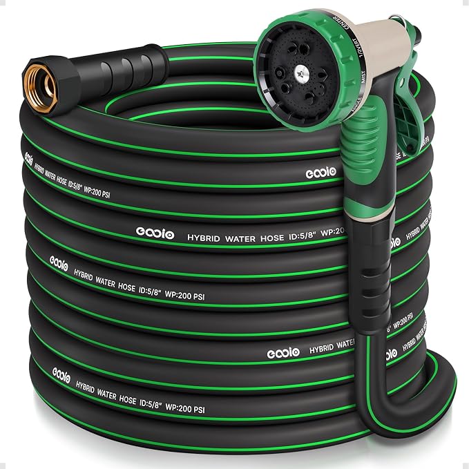 Garden Hose 50 ft x 5/8" with Nozzle, Water Hose Heavy Duty Flexible, Lightweight Kink-less Hybrid Hose with Swivel Handle, Male to Female Fittings