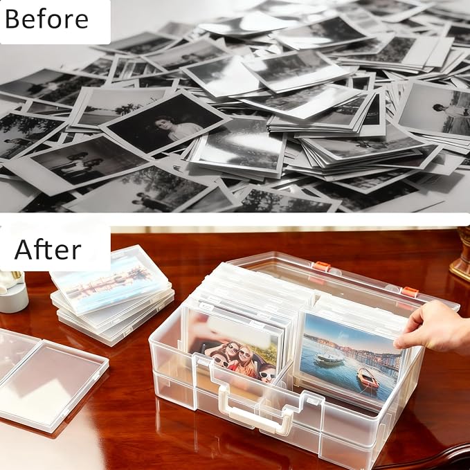 NINU Photo Storage Box with Handle, 5" x 7" Photo Organizer Storage Container with 18 Inner Case and 1 Sheet Blank Labels for Pictures, Arts, Crafts, Sewing, Seeds, Office Supplies (Clear)