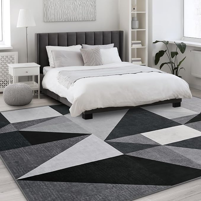 TWINNIS Indoor Modern Area Rug, 5x7 Geometric Patchwork Style Washable Large Rugs for Living Room Bedroom Hardwood Floors, Non Shedding Non Anti Backing Soft Carpet Home Floor Decor, Grey